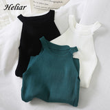 HELIAR Women Crop Tops Black Knitted Off Shoulder Tank Tops