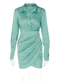 Dulzura Solid Satin Women Long Sleeve V Neck Ruched Wrap Mini Dress Bodycon Sexy Party Elegant Autumn Winter Clothes