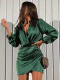 Dulzura Solid Satin Women Long Sleeve V Neck Ruched Wrap Mini Dress Bodycon Sexy Party Elegant Autumn Winter Clothes