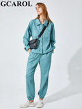 GCAROL Women tracksuits Velvet Jacket And Pants Drop Shoulder Oversized Coat Single-Breasted Elastic Waist Overalls Cargo M,L
