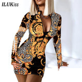 Sexy Long Sleeve Bodycon Mini Dress Women Autumn Fashion Deep V Neck Print Club Outfits Party Dresses Casual Robe Femme