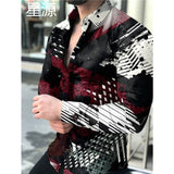 Leopard Color Piece Men's Slim Shirt Autumn Casual Turn-down Collar Streetwear Fashion Together print  Long Sleeve Shirt To