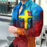 New Geometric Print Shirts Men Fashion Turn-down Collar Buttoned Casual Long Sleeve Cardigan Streetwear