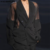 Men Blazer Mesh Patchwork See Through Streetwear Double Breasted Lapel