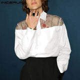 See Through Lapel Long Sleeve Party Nightclub Shirts Embroidered Streetwear Camisa INCERUN