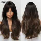 Emmor Ombre Brown Wigs Natural Dark Brown Wavy Hair Wig for Women Cosplay Synthetic Heat Resistant Fiber Daily Wigs with Bangs