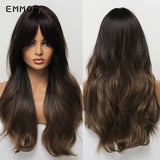 Emmor Ombre Brown Wigs Natural Dark Brown Wavy Hair Wig for Women Cosplay Synthetic Heat Resistant Fiber Daily Wigs with Bangs