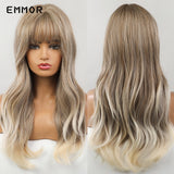 Emmor Ombre Brown Wigs Natural Dark Brown Wavy Hair Wig for Women Cosplay Synthetic Heat Resistant Fiber Daily Wigs with Bangs
