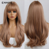 Emmor Ombre Brown Wigs Natural Dark Brown Wavy Hair Wig for Women Cosplay Synthetic Heat Resistant Fiber Daily Wigs with Bangs