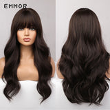 Emmor Ombre Brown Wigs Natural Dark Brown Wavy Hair Wig for Women Cosplay Synthetic Heat Resistant Fiber Daily Wigs with Bangs