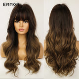 Emmor Ombre Brown Wigs Natural Dark Brown Wavy Hair Wig for Women Cosplay Synthetic Heat Resistant Fiber Daily Wigs with Bangs