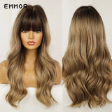 Emmor Ombre Brown Wigs Natural Dark Brown Wavy Hair Wig for Women Cosplay Synthetic Heat Resistant Fiber Daily Wigs with Bangs