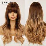 Emmor Ombre Brown Wigs Natural Dark Brown Wavy Hair Wig for Women Cosplay Synthetic Heat Resistant Fiber Daily Wigs with Bangs