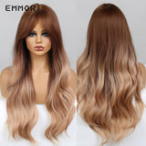 Emmor Ombre Brown Wigs Natural Dark Brown Wavy Hair Wig for Women Cosplay Synthetic Heat Resistant Fiber Daily Wigs with Bangs