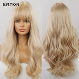 Emmor Ombre Brown Wigs Natural Dark Brown Wavy Hair Wig for Women Cosplay Synthetic Heat Resistant Fiber Daily Wigs with Bangs