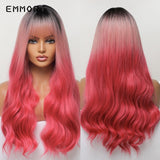 Emmor Ombre Brown Wigs Natural Dark Brown Wavy Hair Wig for Women Cosplay Synthetic Heat Resistant Fiber Daily Wigs with Bangs