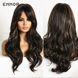 Emmor Ombre Brown Wigs Natural Dark Brown Wavy Hair Wig for Women Cosplay Synthetic Heat Resistant Fiber Daily Wigs with Bangs