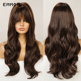 Emmor Ombre Brown Wigs Natural Dark Brown Wavy Hair Wig for Women Cosplay Synthetic Heat Resistant Fiber Daily Wigs with Bangs