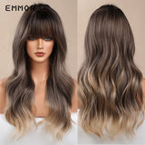 Emmor Ombre Brown Wigs Natural Dark Brown Wavy Hair Wig for Women Cosplay Synthetic Heat Resistant Fiber Daily Wigs with Bangs