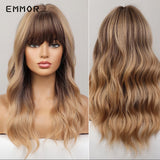 Emmor Ombre Brown Wigs Natural Dark Brown Wavy Hair Wig for Women Cosplay Synthetic Heat Resistant Fiber Daily Wigs with Bangs