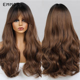 Emmor Ombre Brown Wigs Natural Dark Brown Wavy Hair Wig for Women Cosplay Synthetic Heat Resistant Fiber Daily Wigs with Bangs