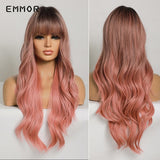 Emmor Ombre Brown Wigs Natural Dark Brown Wavy Hair Wig for Women Cosplay Synthetic Heat Resistant Fiber Daily Wigs with Bangs