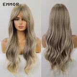 Emmor Ombre Brown Wigs Natural Dark Brown Wavy Hair Wig for Women Cosplay Synthetic Heat Resistant Fiber Daily Wigs with Bangs