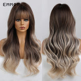 Emmor Ombre Brown Wigs Natural Dark Brown Wavy Hair Wig for Women Cosplay Synthetic Heat Resistant Fiber Daily Wigs with Bangs