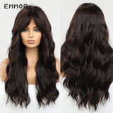 Emmor Ombre Brown Wigs Natural Dark Brown Wavy Hair Wig for Women Cosplay Synthetic Heat Resistant Fiber Daily Wigs with Bangs