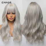 Emmor Ombre Brown Wigs Natural Dark Brown Wavy Hair Wig for Women Cosplay Synthetic Heat Resistant Fiber Daily Wigs with Bangs