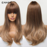 Emmor Ombre Brown Wigs Natural Dark Brown Wavy Hair Wig for Women Cosplay Synthetic Heat Resistant Fiber Daily Wigs with Bangs