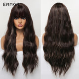 Emmor Ombre Brown Wigs Natural Dark Brown Wavy Hair Wig for Women Cosplay Synthetic Heat Resistant Fiber Daily Wigs with Bangs