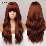 Emmor Ombre Brown Wigs Natural Dark Brown Wavy Hair Wig for Women Cosplay Synthetic Heat Resistant Fiber Daily Wigs with Bangs