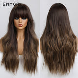 Emmor Ombre Brown Wigs Natural Dark Brown Wavy Hair Wig for Women Cosplay Synthetic Heat Resistant Fiber Daily Wigs with Bangs