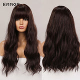 Emmor Ombre Brown Wigs Natural Dark Brown Wavy Hair Wig for Women Cosplay Synthetic Heat Resistant Fiber Daily Wigs with Bangs