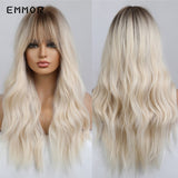 Emmor Ombre Brown Wigs Natural Dark Brown Wavy Hair Wig for Women Cosplay Synthetic Heat Resistant Fiber Daily Wigs with Bangs