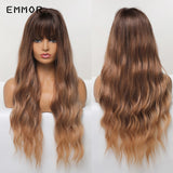 Emmor Ombre Brown Wigs Natural Dark Brown Wavy Hair Wig for Women Cosplay Synthetic Heat Resistant Fiber Daily Wigs with Bangs