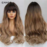 Emmor Ombre Brown Wigs Natural Dark Brown Wavy Hair Wig for Women Cosplay Synthetic Heat Resistant Fiber Daily Wigs with Bangs