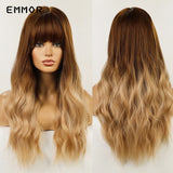 Emmor Ombre Brown Wigs Natural Dark Brown Wavy Hair Wig for Women Cosplay Synthetic Heat Resistant Fiber Daily Wigs with Bangs