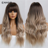 Emmor Ombre Brown Wigs Natural Dark Brown Wavy Hair Wig for Women Cosplay Synthetic Heat Resistant Fiber Daily Wigs with Bangs