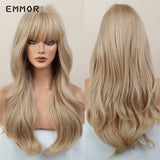 Emmor Ombre Brown Wigs Natural Dark Brown Wavy Hair Wig for Women Cosplay Synthetic Heat Resistant Fiber Daily Wigs with Bangs