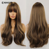 Emmor Ombre Brown Wigs Natural Dark Brown Wavy Hair Wig for Women Cosplay Synthetic Heat Resistant Fiber Daily Wigs with Bangs