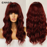 Emmor Ombre Brown Wigs Natural Dark Brown Wavy Hair Wig for Women Cosplay Synthetic Heat Resistant Fiber Daily Wigs with Bangs