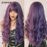 Emmor Ombre Brown Wigs Natural Dark Brown Wavy Hair Wig for Women Cosplay Synthetic Heat Resistant Fiber Daily Wigs with Bangs