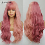Emmor Ombre Brown Wigs Natural Dark Brown Wavy Hair Wig for Women Cosplay Synthetic Heat Resistant Fiber Daily Wigs with Bangs