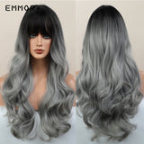 Emmor Ombre Brown Wigs Natural Dark Brown Wavy Hair Wig for Women Cosplay Synthetic Heat Resistant Fiber Daily Wigs with Bangs