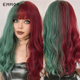 Emmor Ombre Brown Wigs Natural Dark Brown Wavy Hair Wig for Women Cosplay Synthetic Heat Resistant Fiber Daily Wigs with Bangs