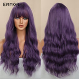 Emmor Ombre Brown Wigs Natural Dark Brown Wavy Hair Wig for Women Cosplay Synthetic Heat Resistant Fiber Daily Wigs with Bangs