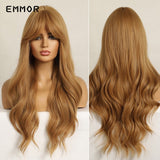 Emmor Ombre Brown Wigs Natural Dark Brown Wavy Hair Wig for Women Cosplay Synthetic Heat Resistant Fiber Daily Wigs with Bangs