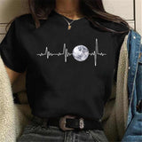 Maycaur New Funny Moon Print T Shirt Women White and Black Shirts Fashion Round Neck Short Sleeve T-Shirt Summer Tees Casual Top